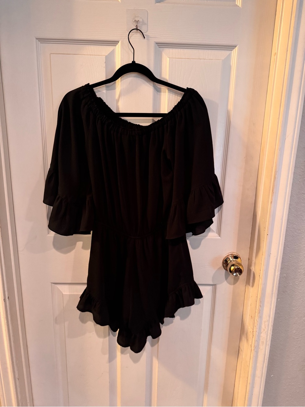 eesome Black Off-Shoulder Ruffle Sleeve Tunic Romper